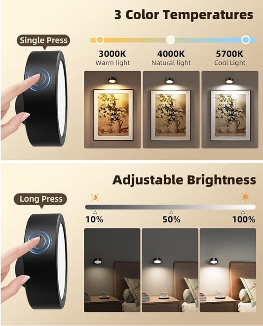 LED Wall Mounted Lights, 5500mAh Rechargeable Wall Light Remote and Touch Control, 360°Rotation Dimmable Cordless (Black)
