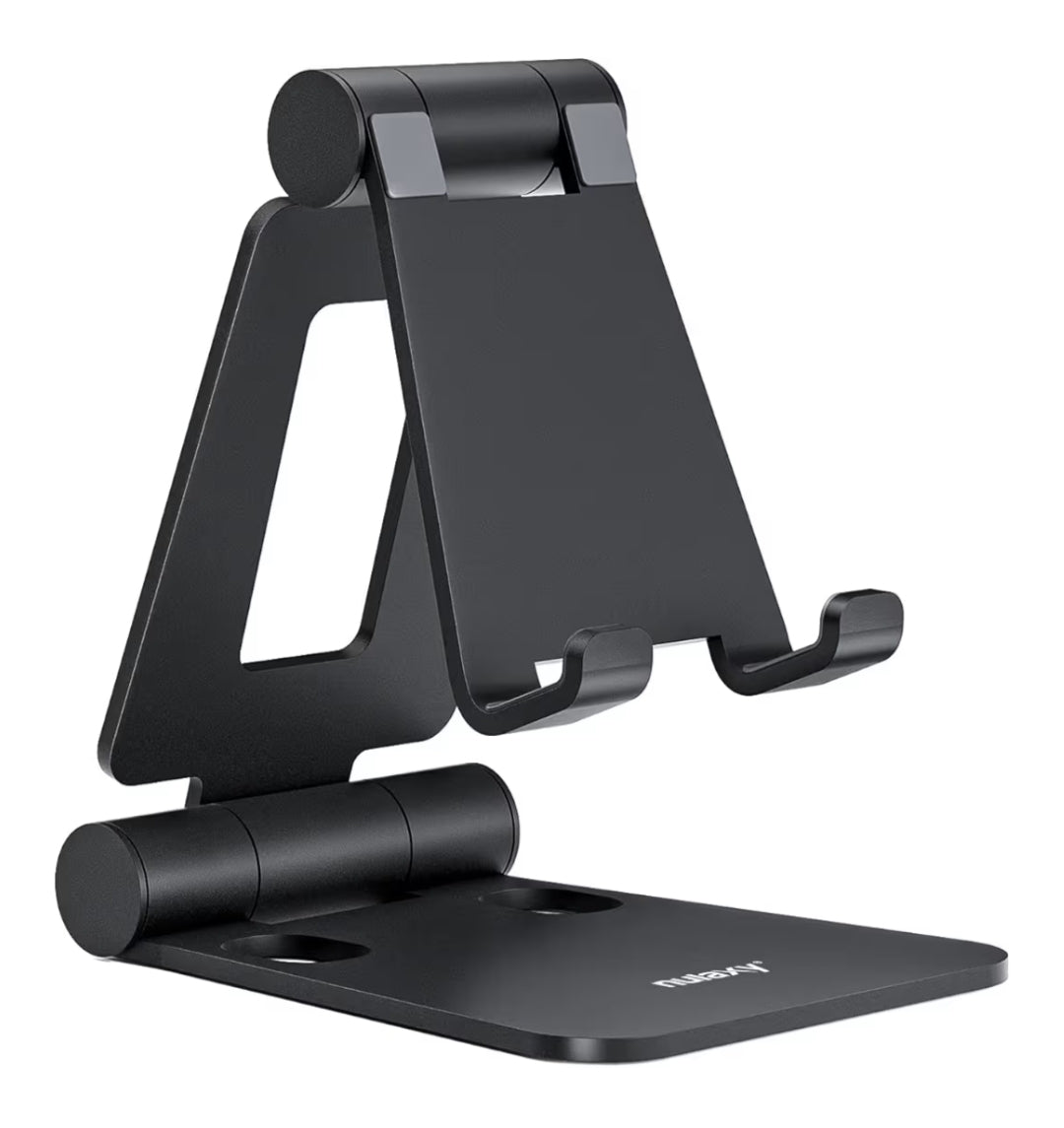 Dubbelvoubare ten volle verstelbare opvoubare foonstaander-dok versoenbaar met iPhone 11-17 Pro Max Xs Xr X 8, Nintendo Switch, Alle selfone - (Swart)