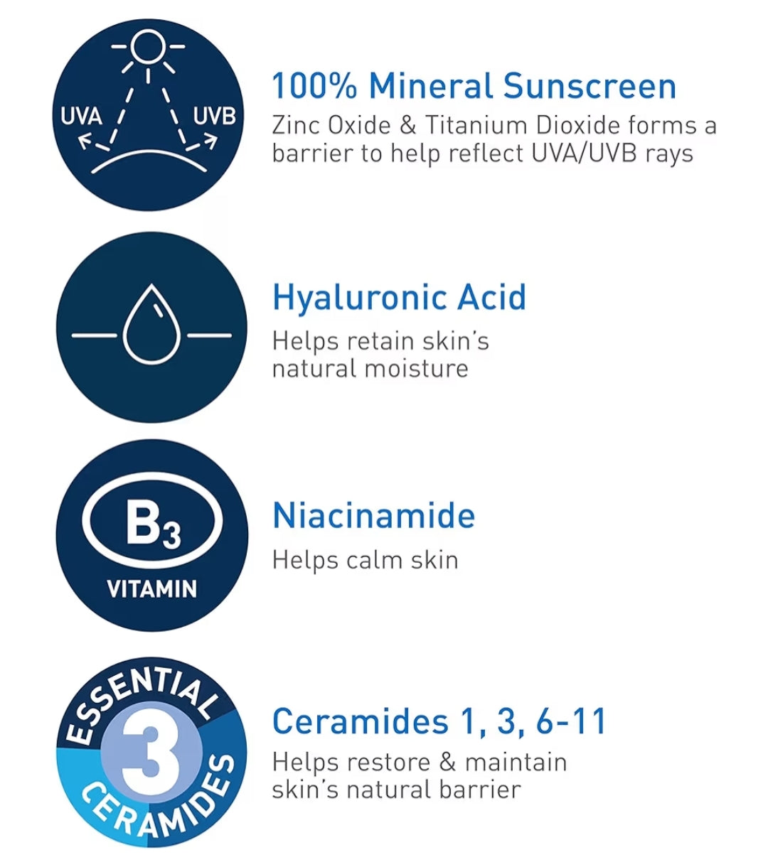 CeraVe 100% Minerale Sonbrandroom SPF 50, Gesigsonbrandroom met Sinksoksied en Titaandioksied, Hialuronzuur + Niasienamied Reisgrootte (2.5 oz)