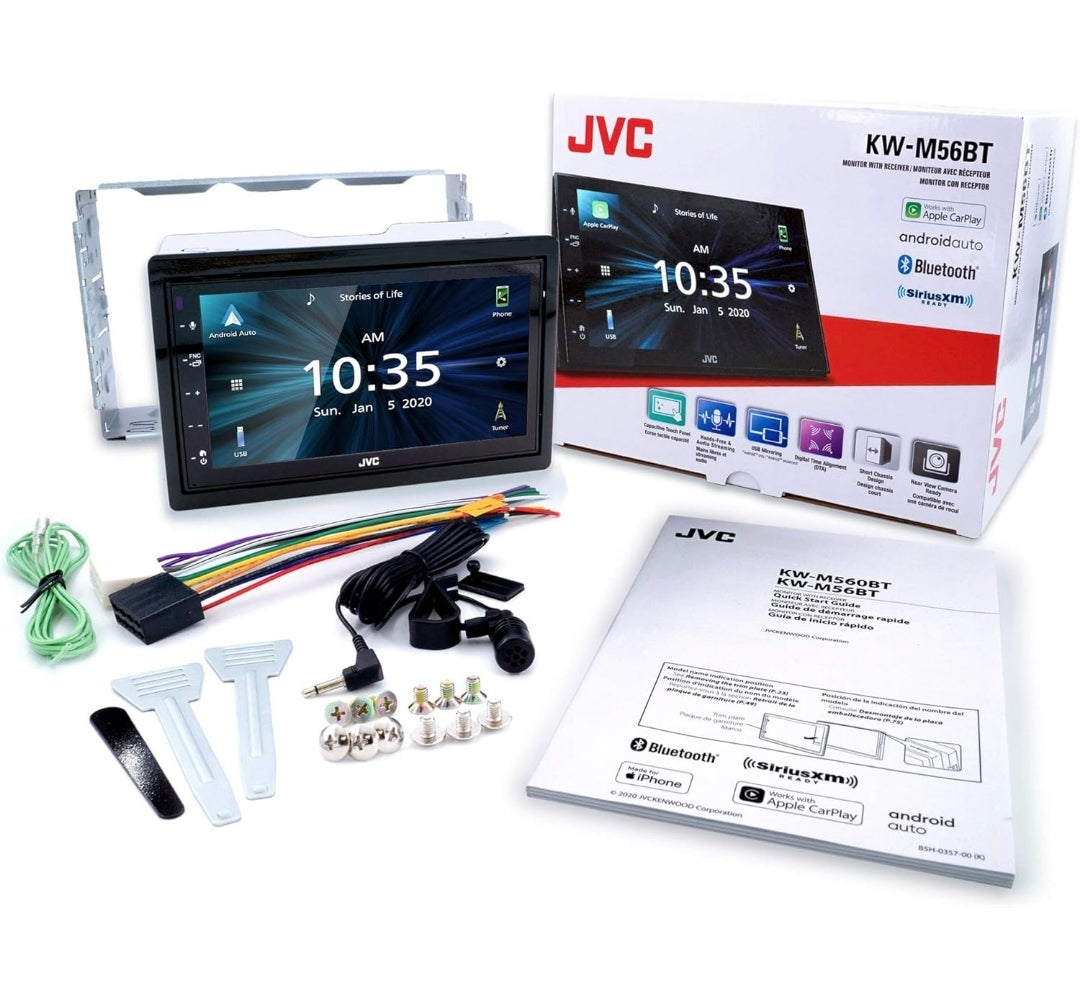 Autoradio multimédia JVC KW-M56BT Apple CarPlay Android Auto avec écran tactile capacitif de 6,8", audio Bluetooth et appels mains libres, lecteur MP3, double DIN, égaliseur 13 bandes, SiriusXM, radio AM/FM