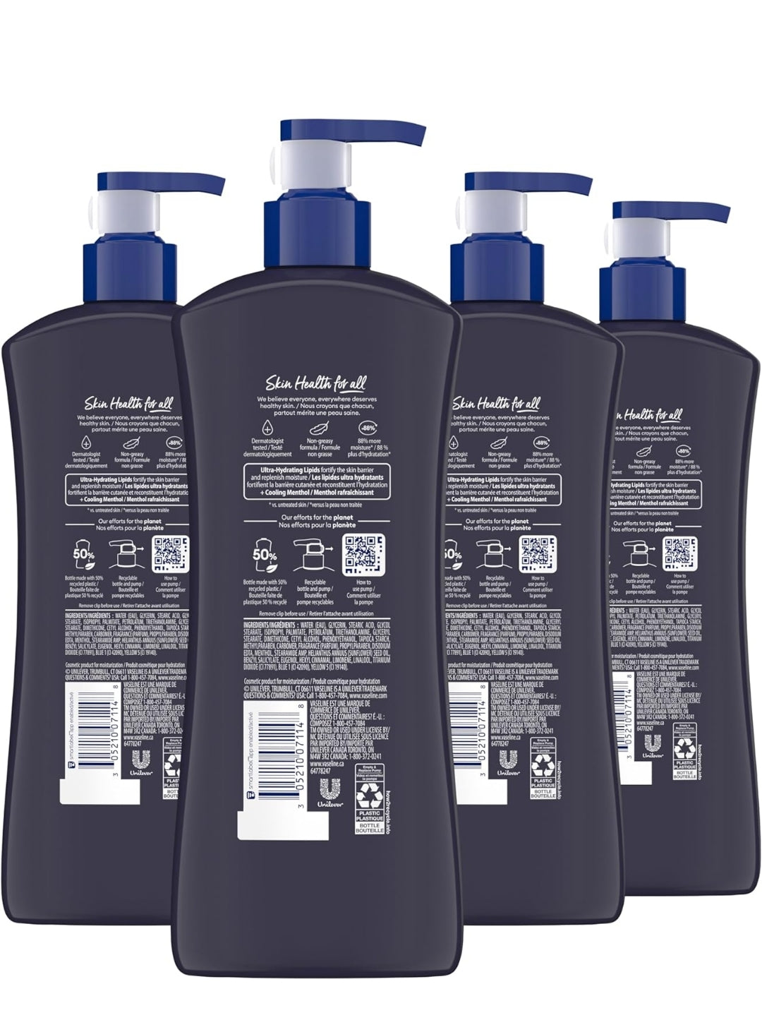 Vaseline Men Cooling Hydration 3-in-1 4 Pack for Dry Skin Face, Hands & Body Lotion for Men with Menthol & Ultra-Hydrating Lipids 20.3 oz