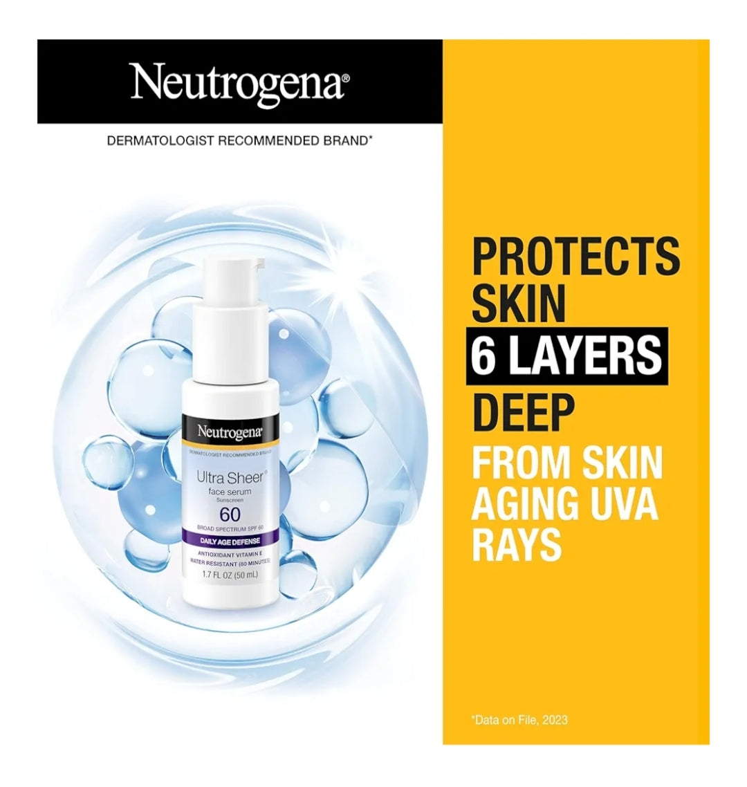 Neutrogena Ultra Sheer Gesigsonbrandroom met Vitamien E & SPF 60 UVA/UVB-beskerming, Reukloos, Oksibensoonvry - 1.7 Vloeibare Ons
