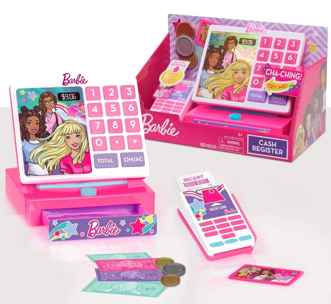 Just Play Barbie Trendy Cash Register with Sounds, Pretend Money, and Credit Card Reader, 9 Piece Playset, Kids Toys for Ages 3 Up