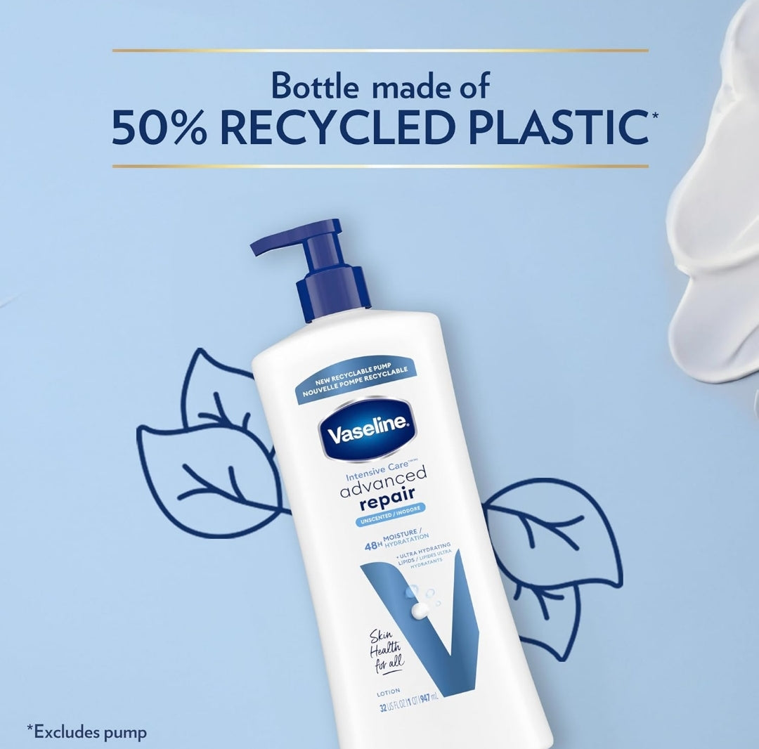 Vaseline Intensive Care Body Lotion Advanced Repair Unscented for Dry Skin Lotion Made with Ultra-Hydrating Lipids + Vaseline Jelly to Repair Extremely Dry Skin 32 Oz