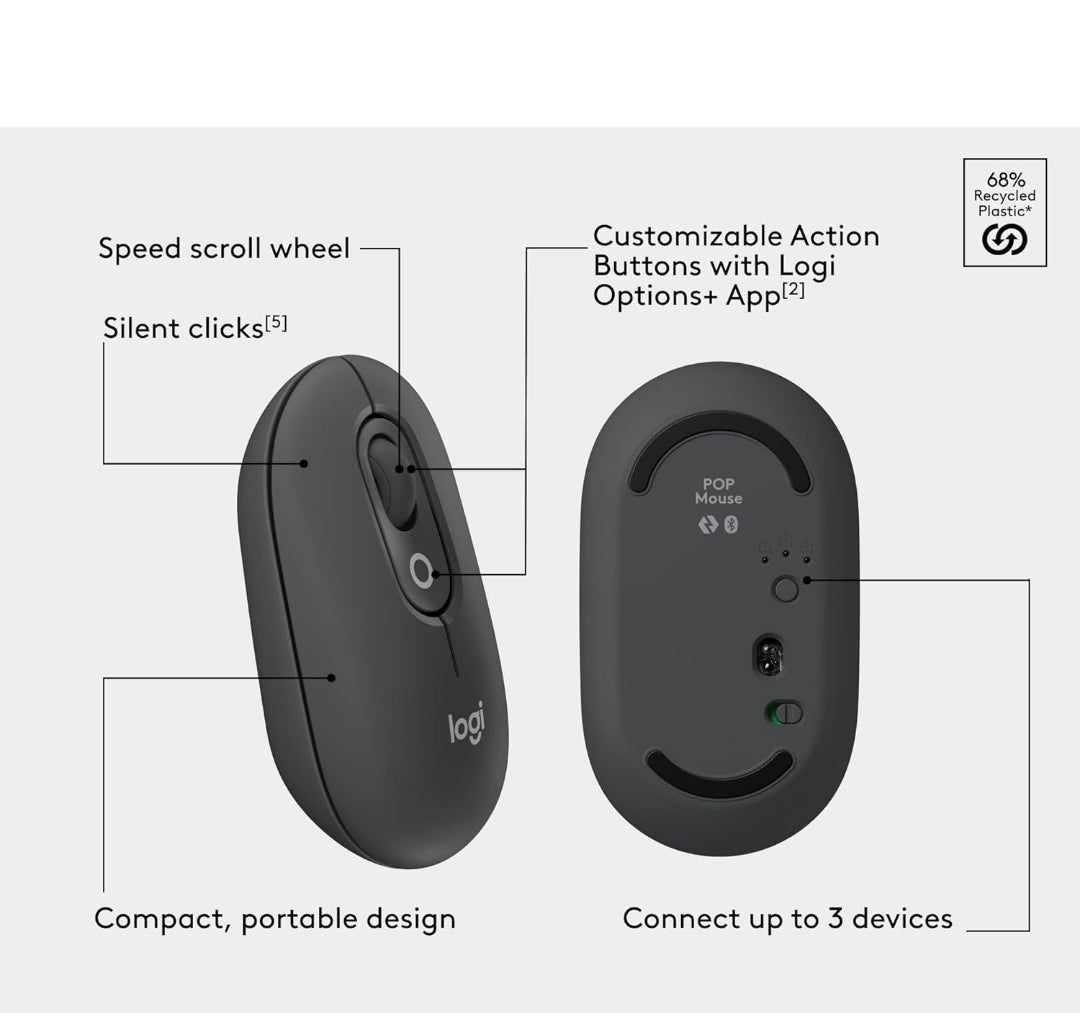 Logitech POP ICON Combo, Bluetooth Sleutelbord en Muis Kombinasie, Gemaklike Tik, programmeerbare Sleutels en Knoppies, Stil klikke, Maklike Wissel tot 3 Toestelle - Grafiet en Spierwit