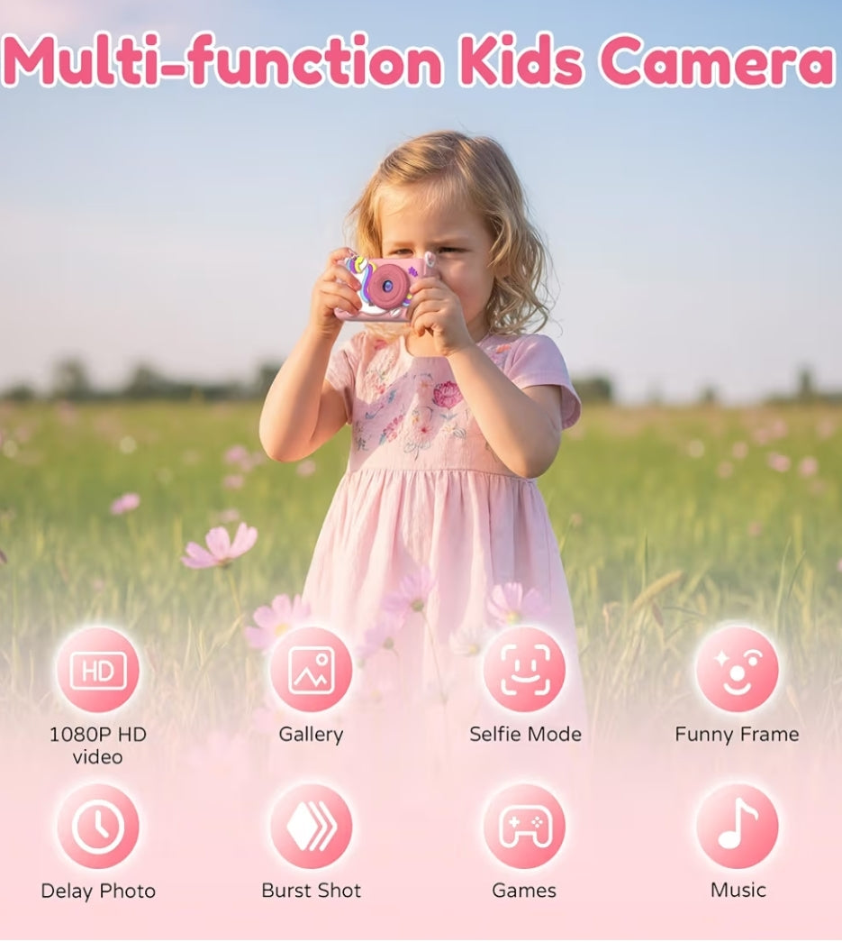 Kids Camera w/ Tripod & 32GB Card, 1080P HD Camera, Portable Toy - Pink