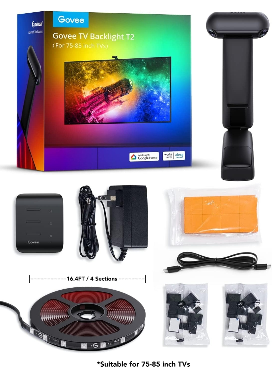 Envisual TV Backlight T2 with Dual Cameras, 16.4ft RGBIC Wi-Fi LED Backlights for 75-85 inch TVs, Double Light Beads - Smart App Control