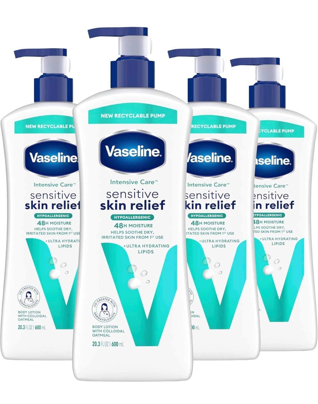 Vaseline Intensive Care Body Lotion 4 Pack Sensitive Skin Relief For Dry Skin With Colloidal Oatmeal and Ultra-Hydrating Lipids 20.3 oz