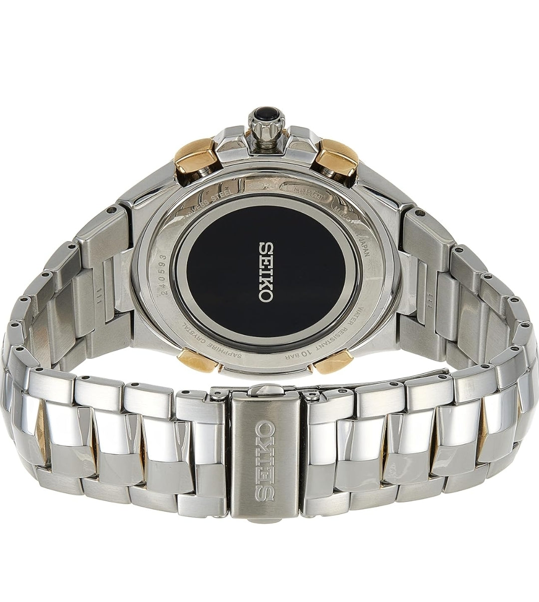 SEIKO Horlosie vir Mans - Coutura Versameling - Radio Sinkroniese Sonkrag Chronograaf, Tweekleurige Vlekvrye Staal Kas en Armband, Swart Wysplaat met Lumibrite Wyser en Merkers, en Datum Kalender