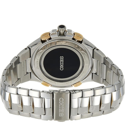 SEIKO Horlosie vir Mans - Coutura Versameling - Radio Sinkroniese Sonkrag Chronograaf, Tweekleurige Vlekvrye Staal Kas en Armband, Swart Wysplaat met Lumibrite Wyser en Merkers, en Datum Kalender