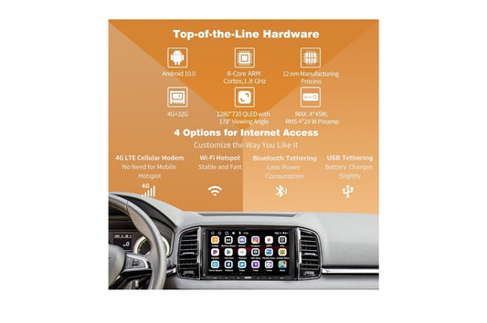 7" Android Dubbel-Din Kar Stereo Ontvangers, Draadlose CarPlay & Android Auto, Ingeboude 4G, WiFi/BT/USB, Dubbele Bluetooth