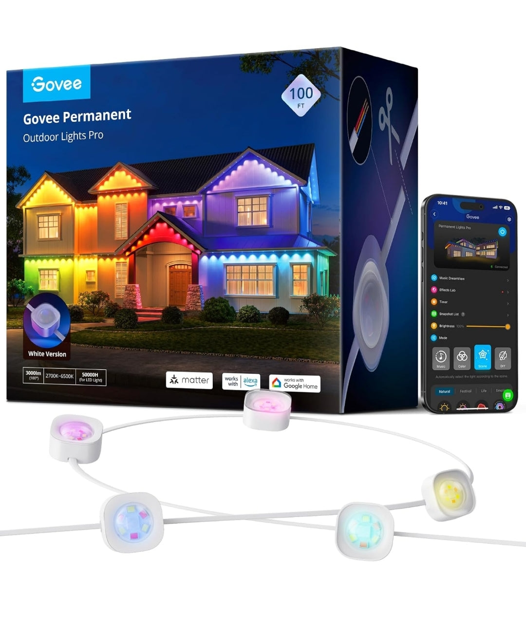 Permanent Outdoor Lights Pro, 100ft with 60 RGBIC LED Lights for Daily and Accent Lighting, 75 Scene Modes for Outdoor Decor, IP67 Waterproof, Works with Alexa, Google Assistant, Matter, White