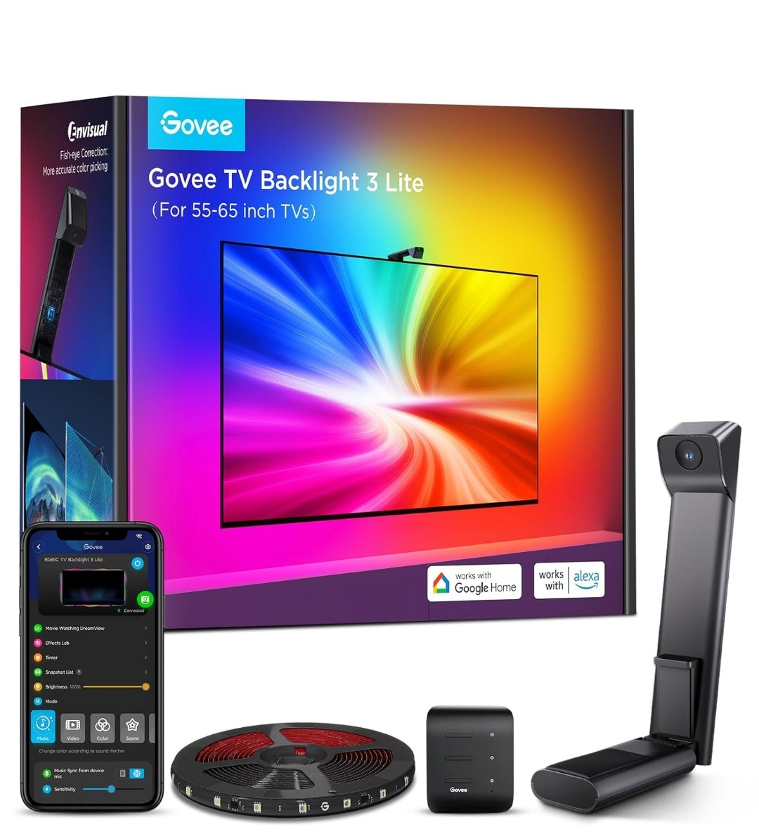 TV Backlight 3 Lite with Fish-Eye Correction Function Sync to 55-65 Inch TVs, 11.8ft RGB Wi-Fi LED Strip Lights w/ Camera, 4 Colors in 1 Lamp Bead, Voice and APP Control