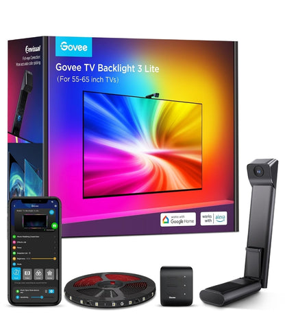 TV Backlight 3 Lite with Fish-Eye Correction Function Sync to 55-65 Inch TVs, 11.8ft RGB Wi-Fi LED Strip Lights w/ Camera, 4 Colors in 1 Lamp Bead, Voice and APP Control