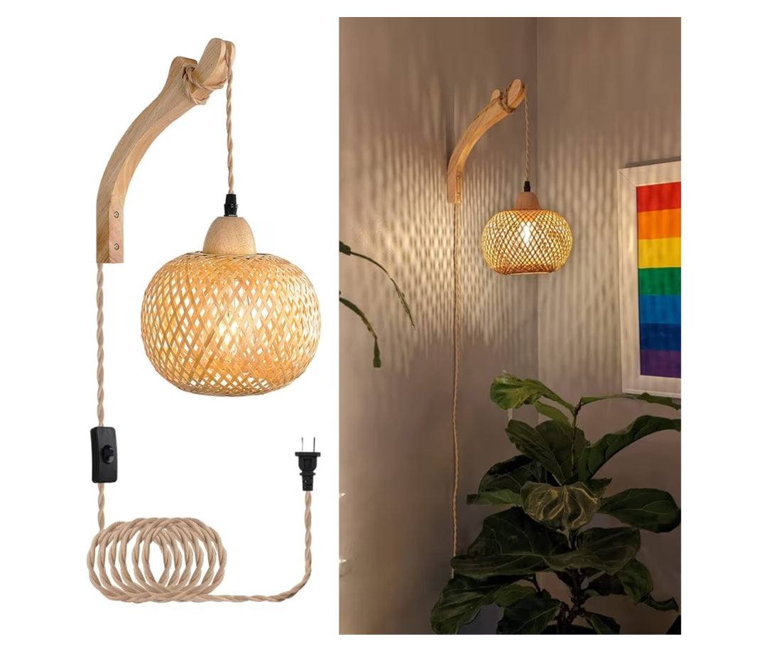 Bamboes Lantern Muurligte Prophouderlamp met Propkoord Handgeweefde Rotting Muurlig Rustiek