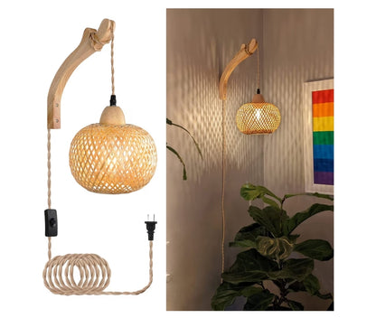 Bamboes Lantern Muurligte Prophouderlamp met Propkoord Handgeweefde Rotting Muurlig Rustiek