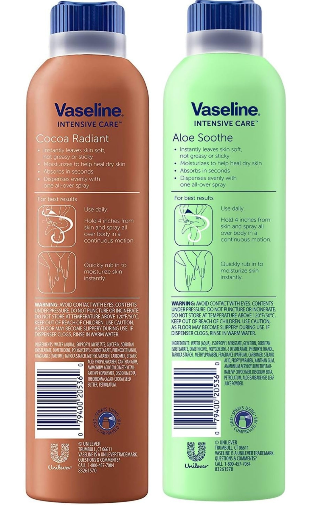 Vaseline Cocoa Radiant Spray + Aloe Soothe Spray Variety 2-Pack – Non-Greasy, Fast-Absorbing All-Over Moisturizer for Dry Skin, 6.5 Oz Ea