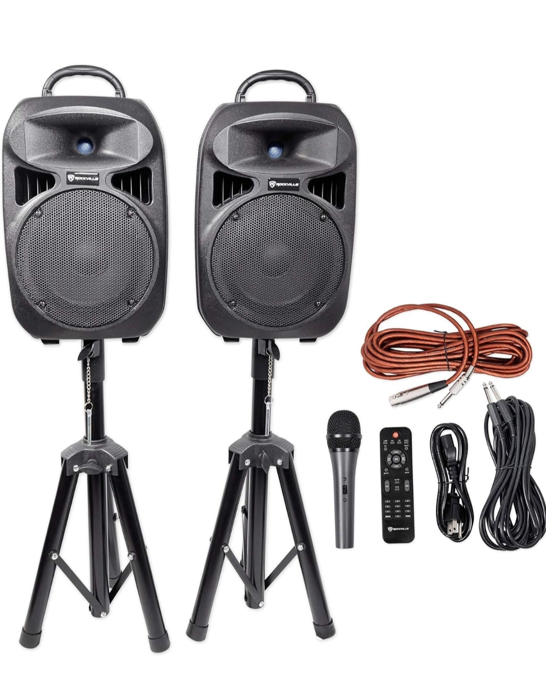 RockvilIe Dual 8" Powered Speakers+Stands w/Bluetooth for Backyard Movie Theater