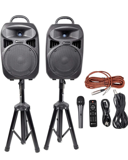 Rockville Dubbele 8" Aktiewe Luidsprekers+Stande met Bluetooth vir Agterplaas Fliekteater