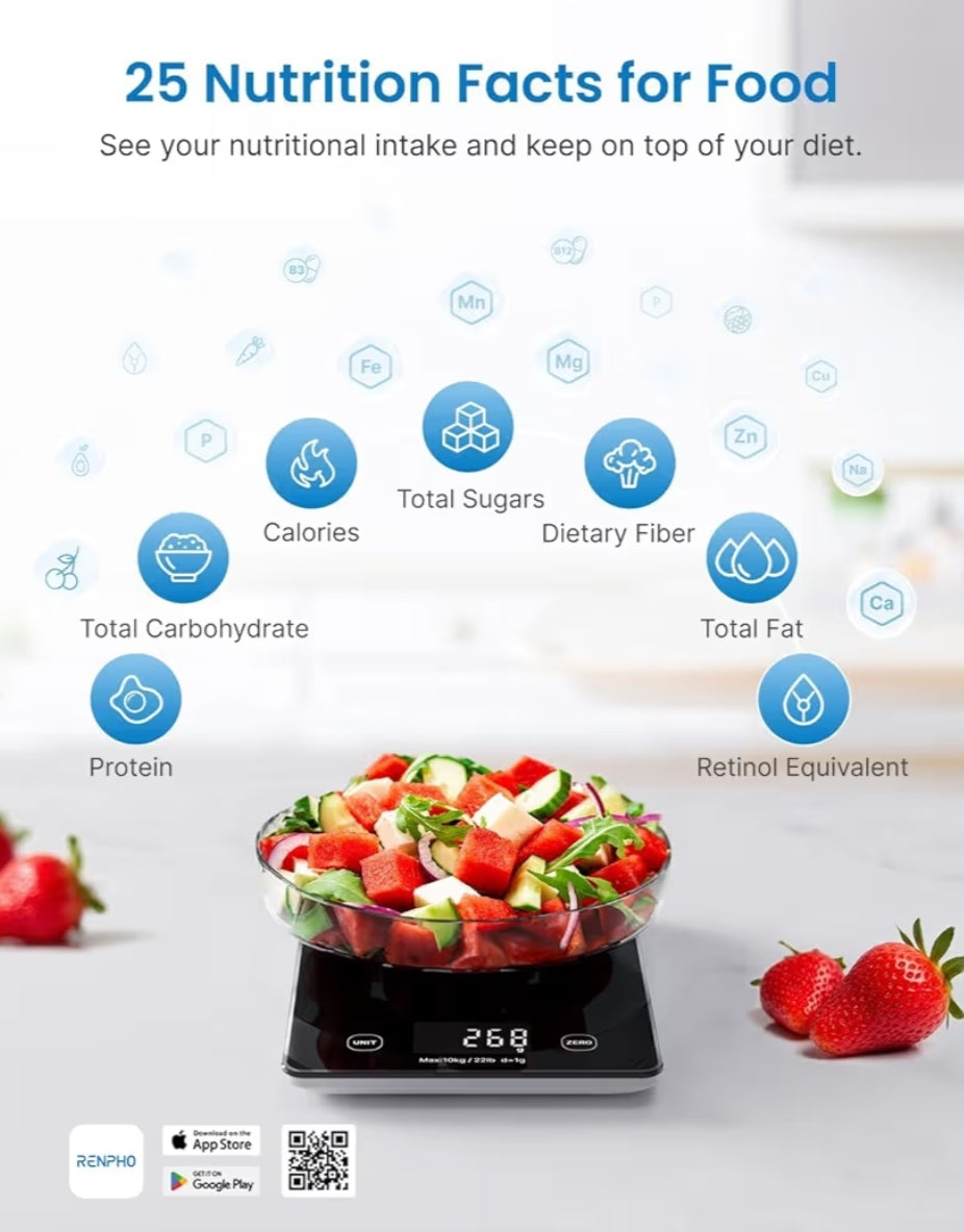 Smart Food Weight Scale w/ Nutritional Calculator, Gram Scale for Weight Loss Cooking Baking Keto Macro Diet - Black Glass