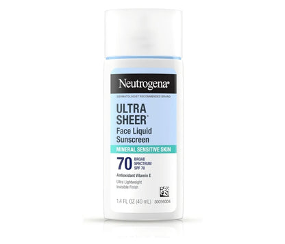 Neutrogena Ultra Sheer Mineral Face Liquid Sonbrandroom SPF 70 UVA UVB vir Sensitiewe Vel Vegan, Hipoallergenies - 1.4 fl oz