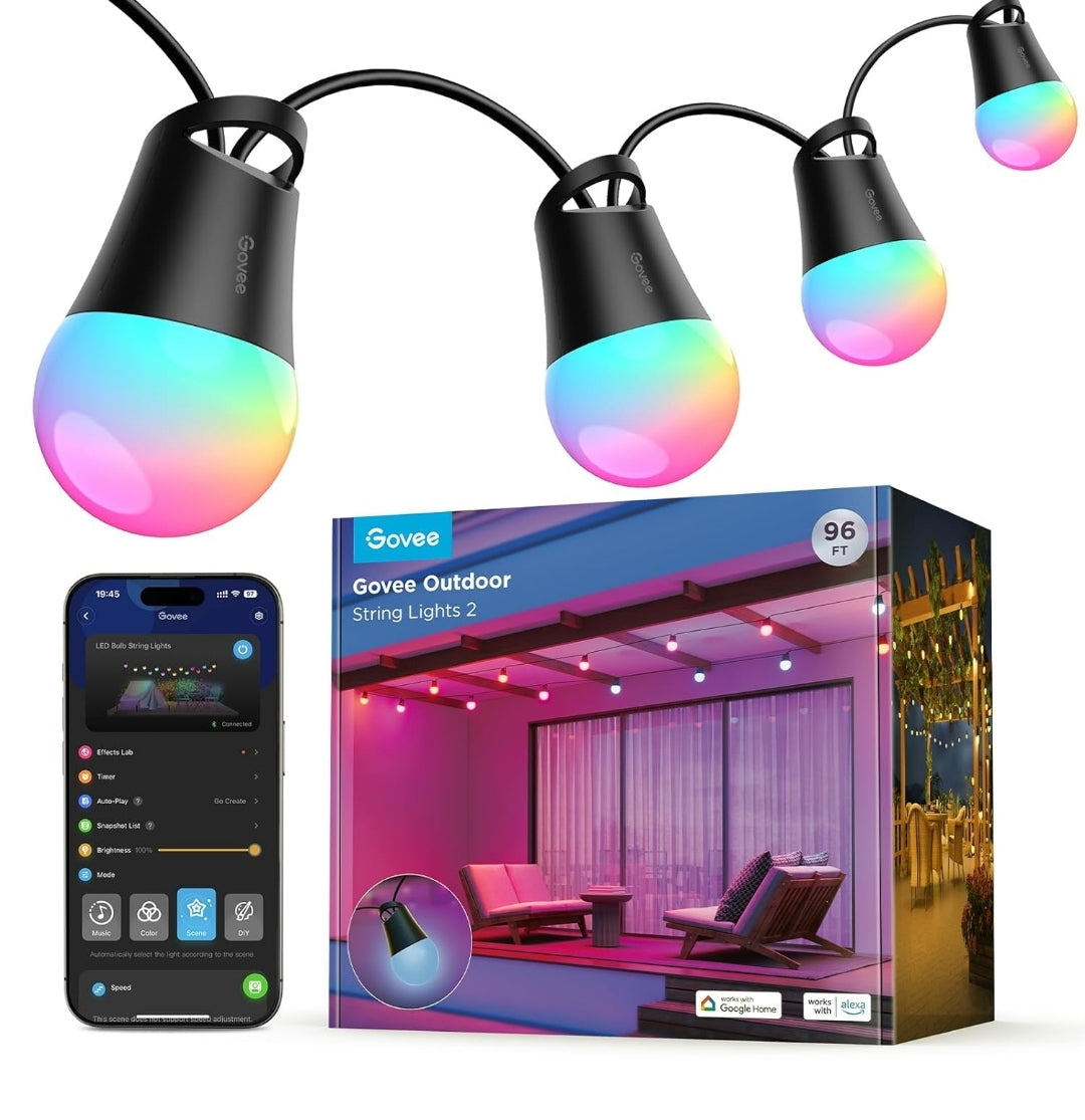 Govee Smart Outdoor String Lights 2, 96ft RGBIC Outdoor Lights with Dimmable Warm White LED Bulbs, 47 Scene Modes for Patio, Backyard, IP65 Waterproof, Works with Alexa, App Control