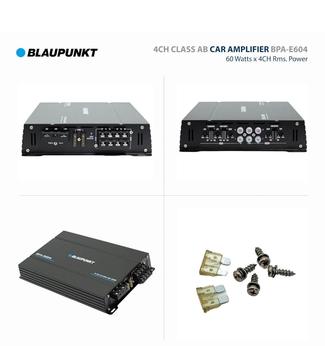 BLAUPUNKT BPA-E604 4-Channel Class AB Car Amplifier - 1800W Max Power, Bridged 360W RMS - Compact Design for Superior Sound Clarity