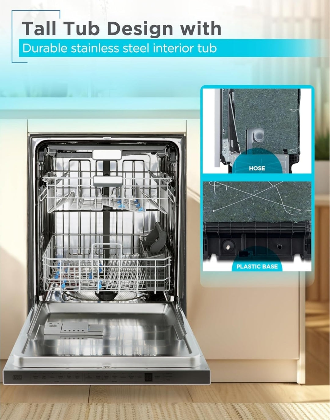 BLACK+DECKER 24" Designer Series Ingeboude Skottelgoedwasser, 14 Plekinstelling Kapasiteit met Vlekvrye Staalbad, 6 Wasprogramme en Slim Wasstelsel, Lae Geraas, ENERGY STAR Gesertifiseer, BDW400MS