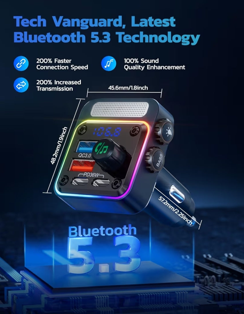 54W Bluetooth 5.3 Motorkaradapter met 4 Laaipoorte, Draadlose Radio FM-sender & 5 Kleure LED Agtergrondbeligting, Hands-free Oproepe - Blou