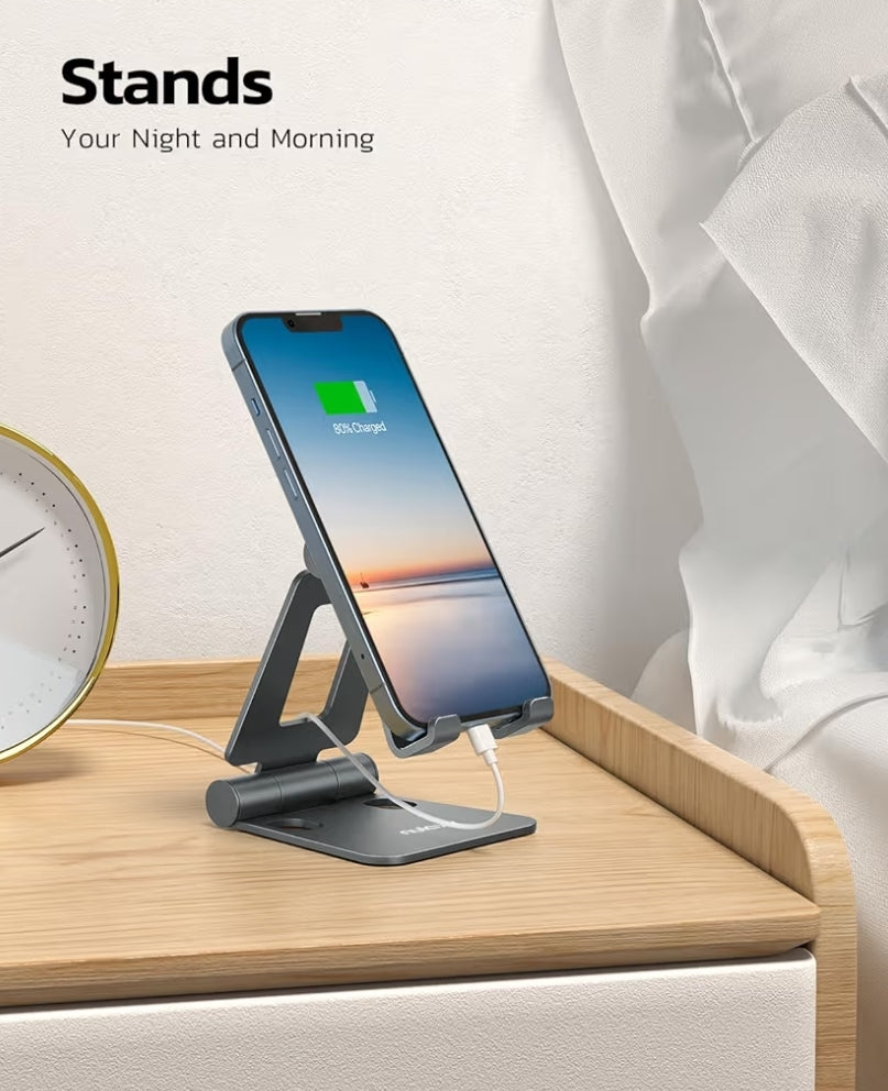Dubbelvouvoue ten volle verstelbare opvoubare foonhouerdok versoenbaar met iPhone 11-17 Pro Max Xs Xr X 8, Nintendo Switch, alle fone - (Grys)