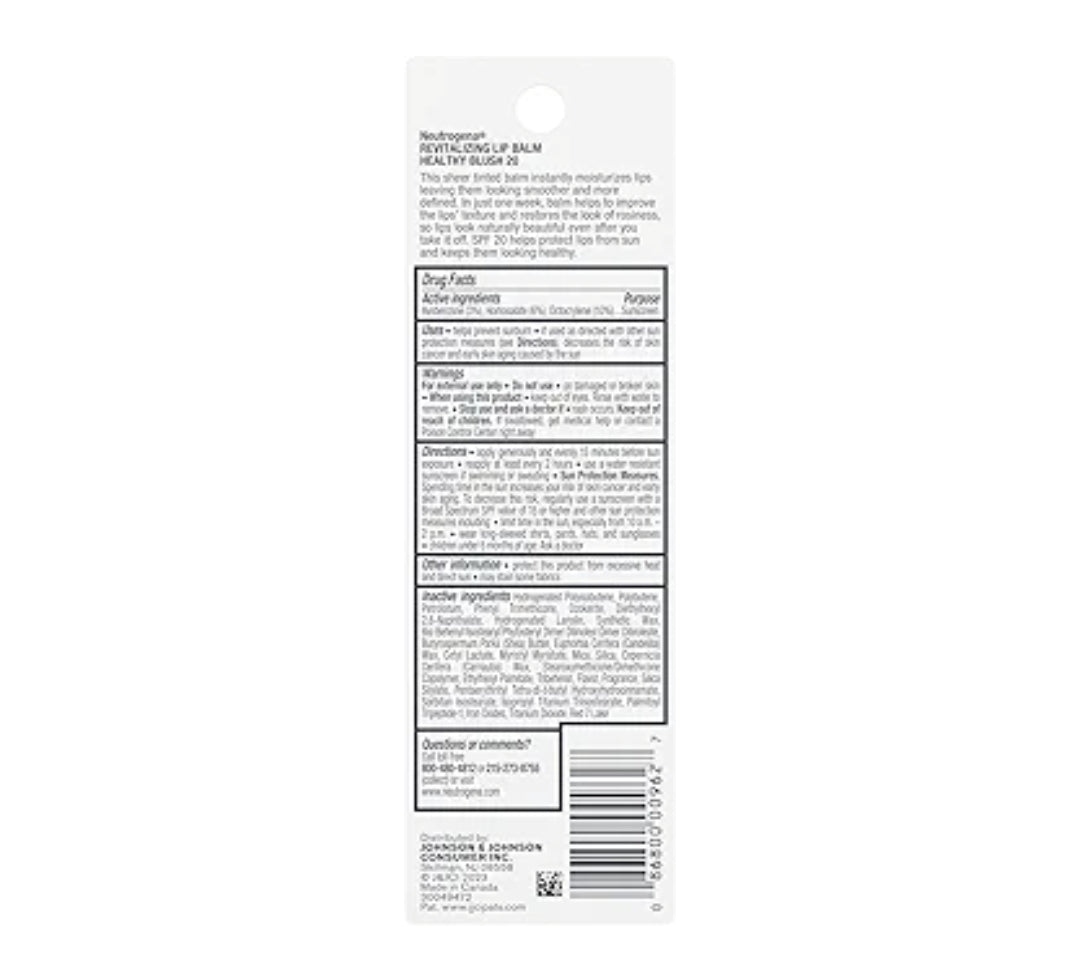 Neutrogena Revitalizing Tinted Lip Balm Broad Spectrum SPF 20 Bevogtigende Lipbalsem met 'n Subtiele Kleur Sheer Healthy Blush 20, (4.2 g)
