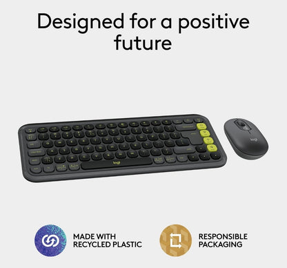Logitech POP ICON Combo, Bluetooth-sleutelbord-en-muiscombo, gemaklike tik, programmeerbare sleutels en knoppies, stil klikke, maklike wisseling vir tot 3 toestelle – grafiet en lemmetjie