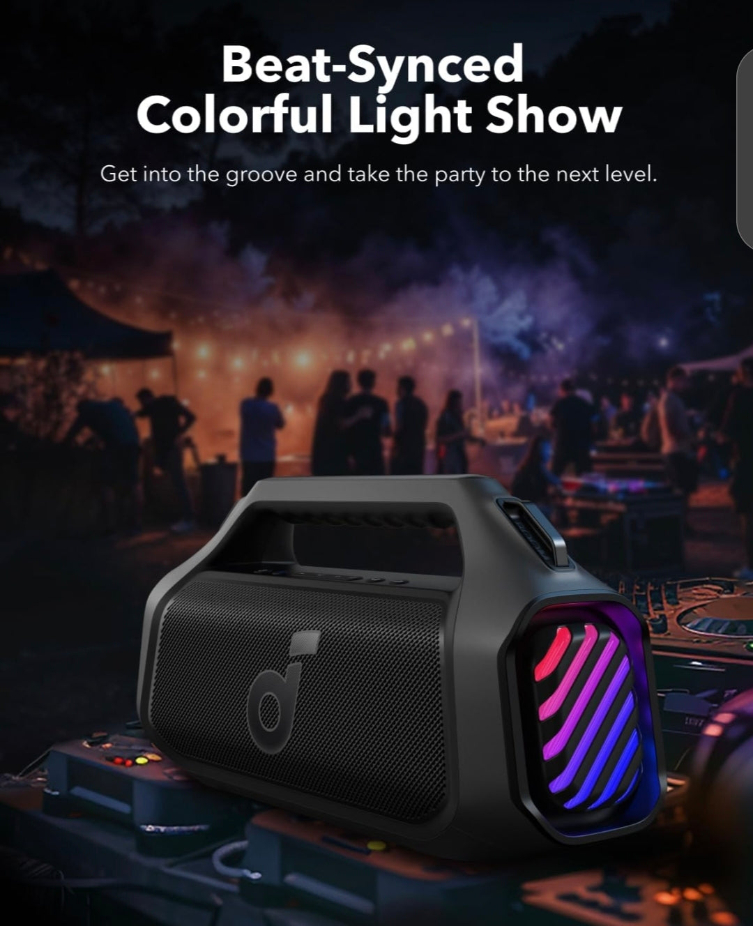 Soundcore Boom 2 Plus By Anker, Outdoor Speaker, 140W, 2+2 Channel, BassUp 2.0, 20H Playtime, Fast Charge, IPX7 Waterproof, RGB Lights, Power Bank, Bluetooth 5.3, Portable for Outdoors, Camping, Beach