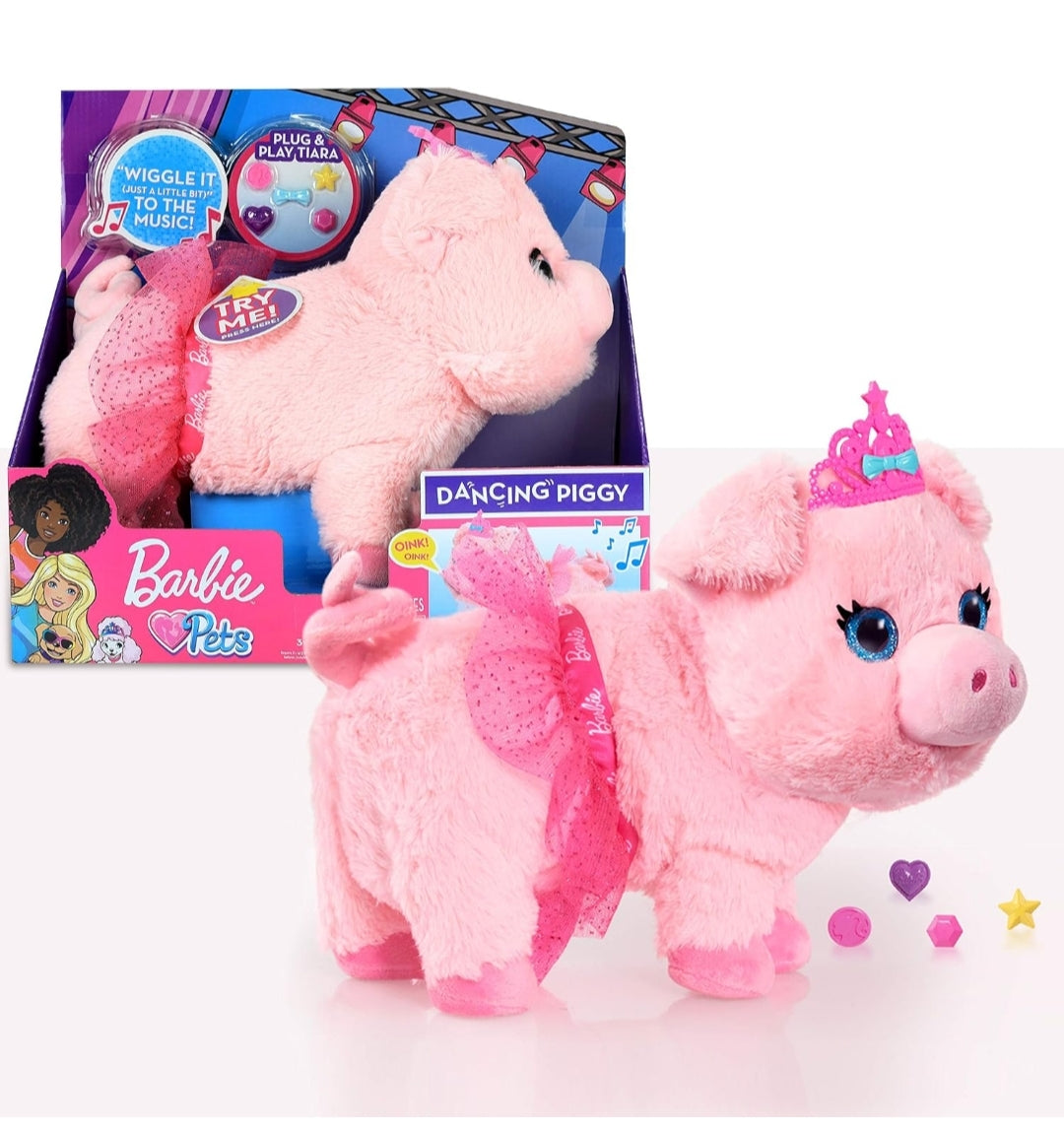 Just Play Barbie Dance & Prance 9.5-inch Piggy Plush Stuffed Animal, Includes 5 Plug and Play Charms, Pink, Kids Toys for Ages 3 Up