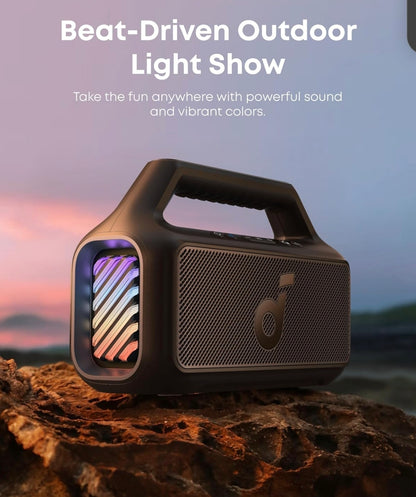 Soundcore Boom 2 By Anker, Outdoor Speaker, 80W, Subwoofer, BassUp 2.0, 24H Playtime, IPX7 Waterproof, Floatable, RGB Lights, USB-C, Custom EQ, Bluetooth 5.3, Portable for Camping, Beach, and Backyard
