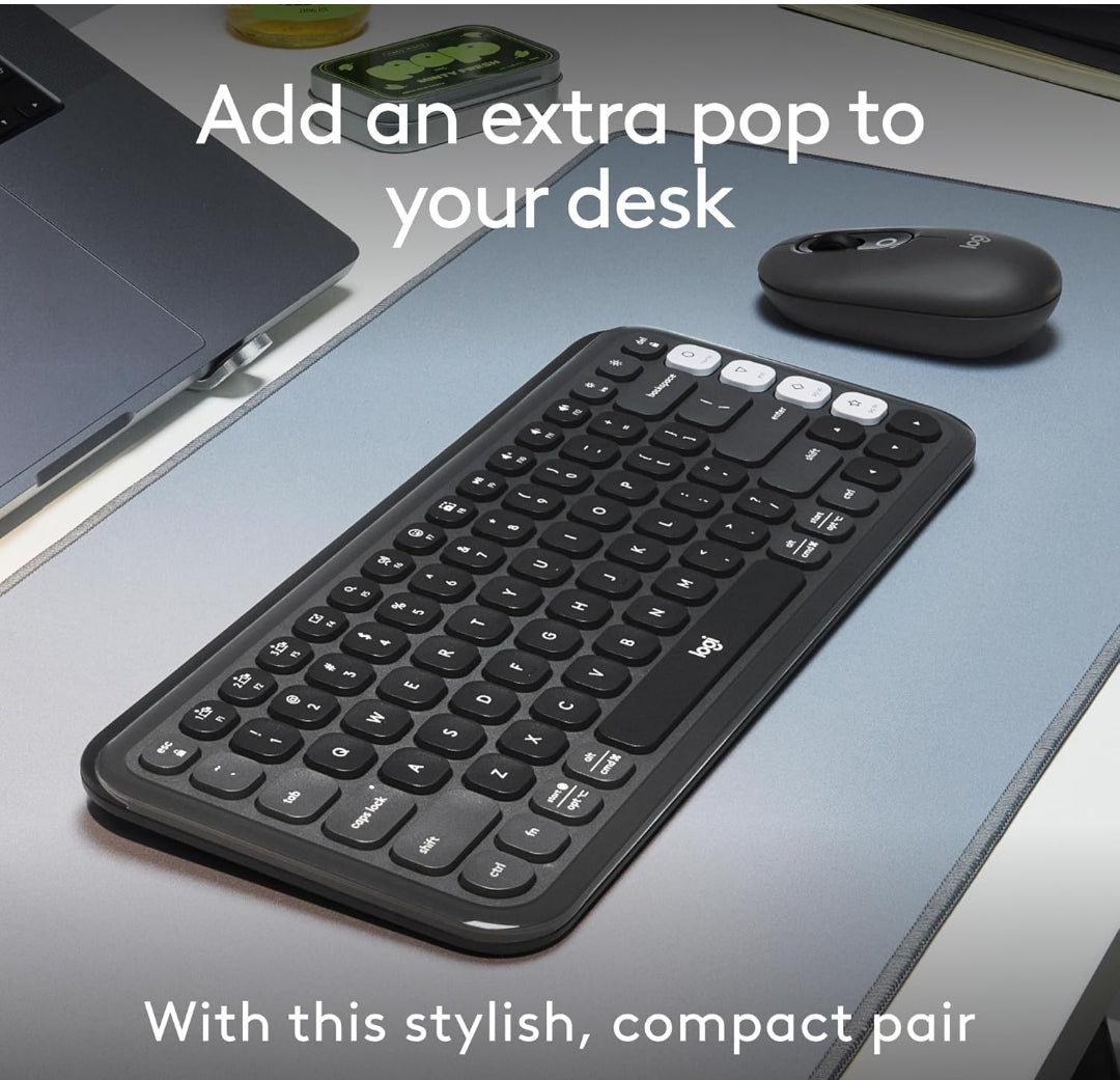 Logitech POP ICON Combo, Bluetooth Sleutelbord en Muis Kombinasie, Gemaklike Tik, programmeerbare Sleutels en Knoppies, Stil klikke, Maklike Wissel tot 3 Toestelle - Grafiet en Spierwit