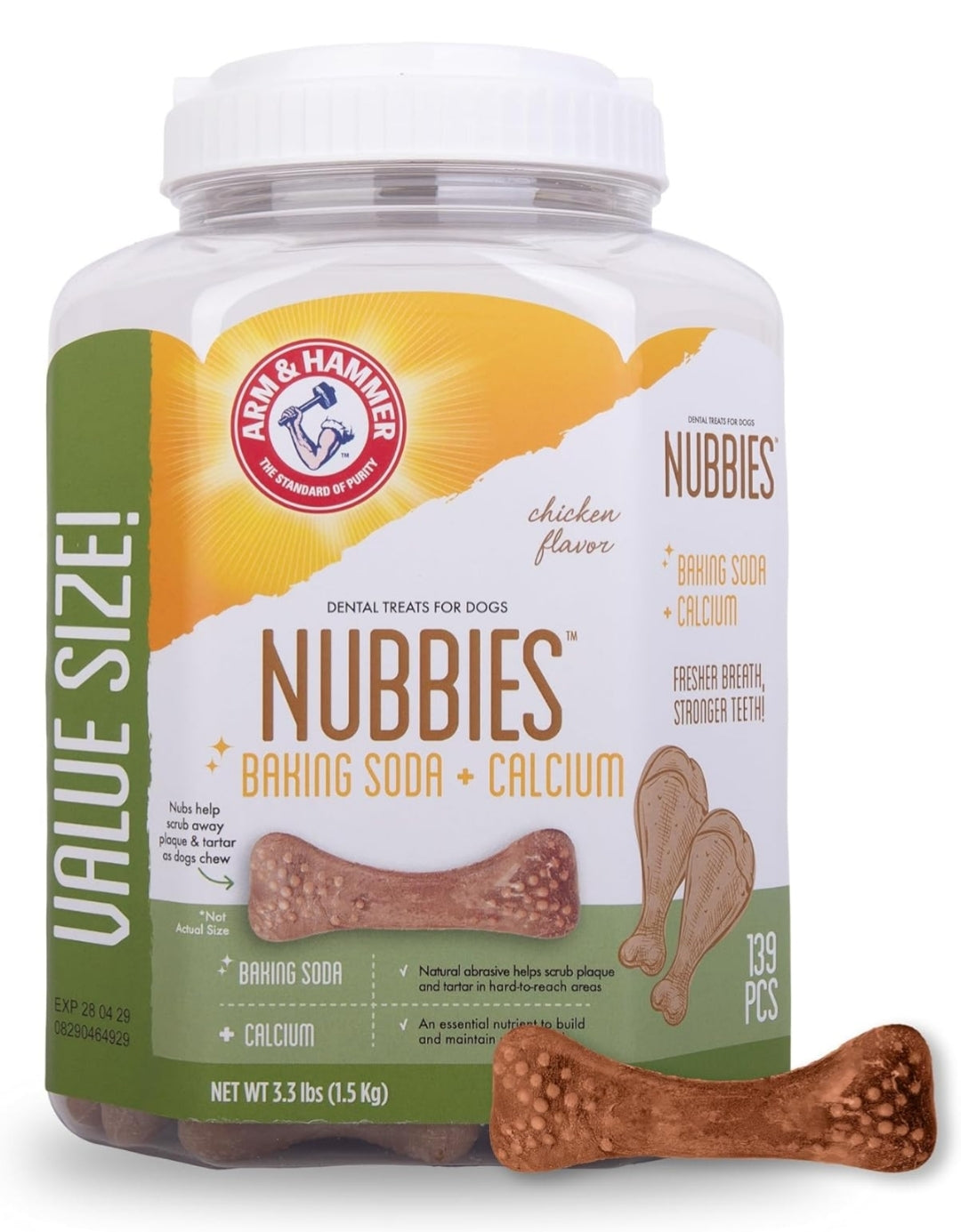 Arm & Hammer for Pets Nubbies Dental Treats for Dogs with Baking Soda and Calcium, Treat Chews Help Fight Bad Breath, Plaque & Tartar, Chicken, Value Bucket, 139 Pcs (Packaging may vary)