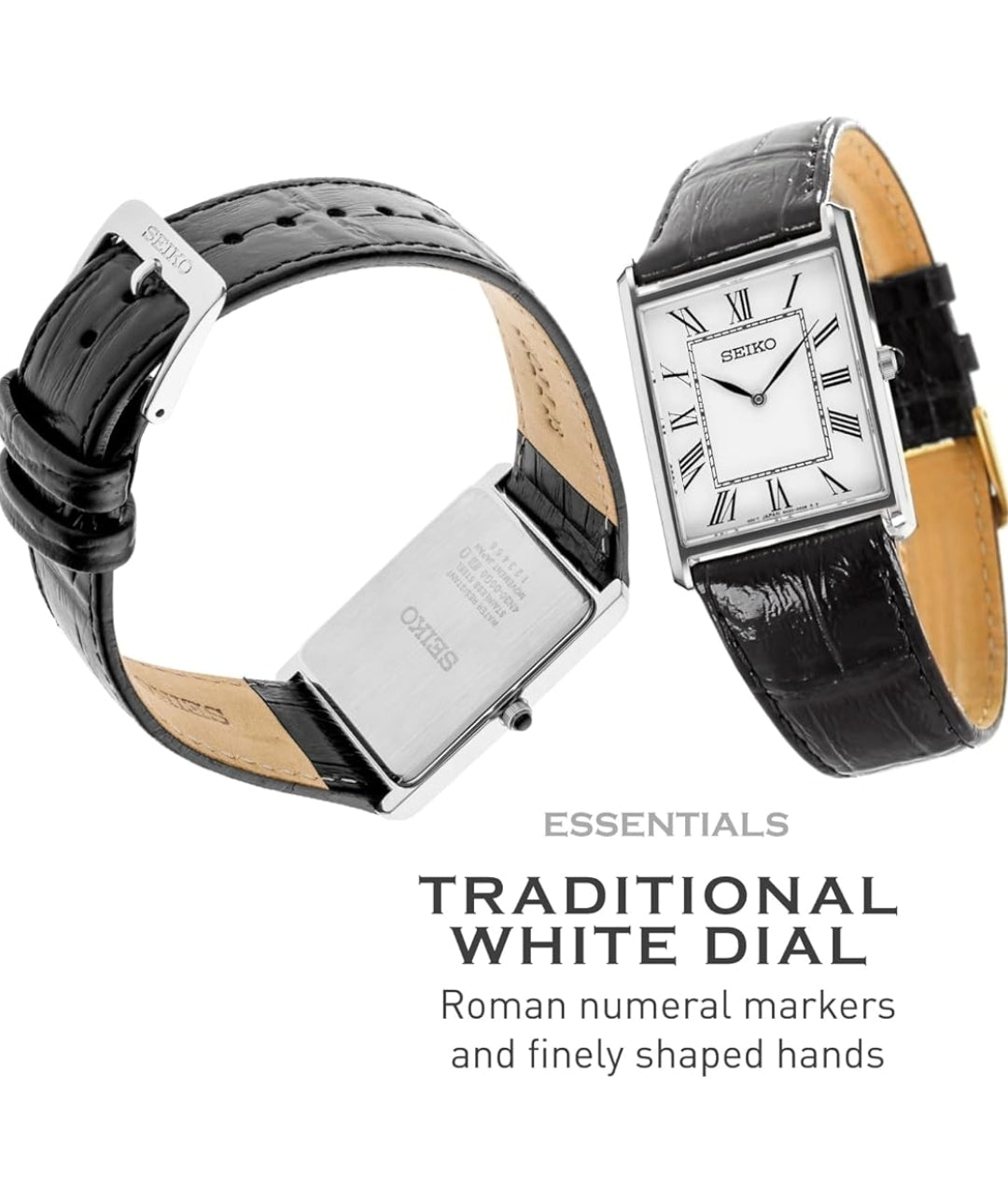 Seiko Essentials Horlosie Waterbestand m/ Vlekvrye Staal Reghoekige Kas en Leerband