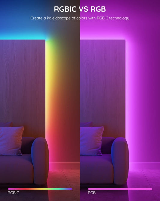 Govee RGBIC LED-strookligte, Slim LED-ligte vir Slaapkamer, Bluetooth LED-ligte APP-beheer, DIY Veelvuldige Kleure op Een Lyn, Kleurveranderende LED-strookbeligting Musieksinkronisering, Huisdekor, 4.9m