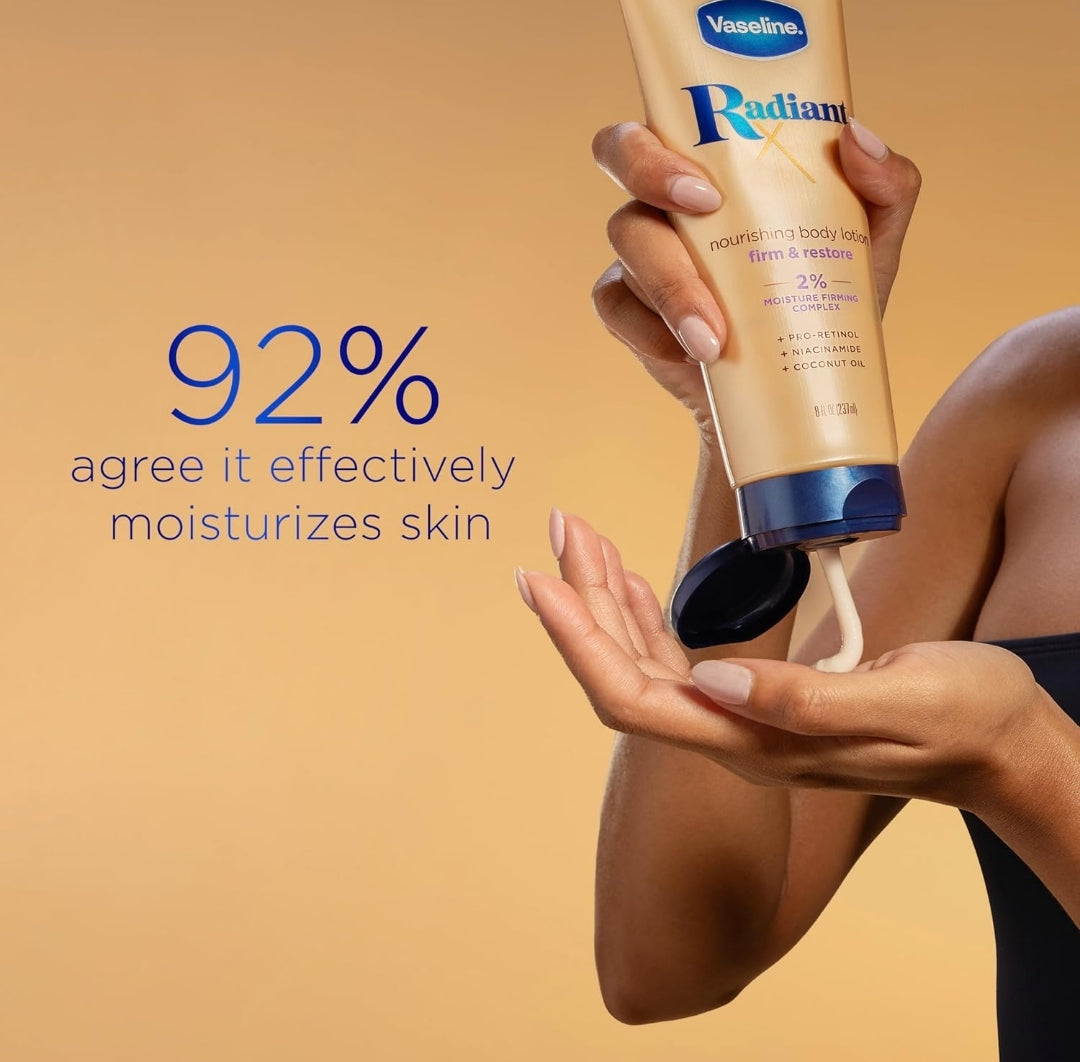 Vaseline Radiant X Firm & Restore with Pro-Retinol, Niacinamide & Coconut Oil, Nourishing Body Lotion 8 oz