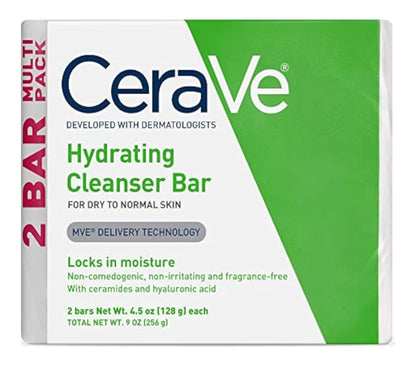 CeraVe Hydrating Cleanser Bar, Seepvrye Liggaam- en Gesigsreiniger met 5% CeraVe Hydraterende Room, Geurloos (2PK - 127.5g)