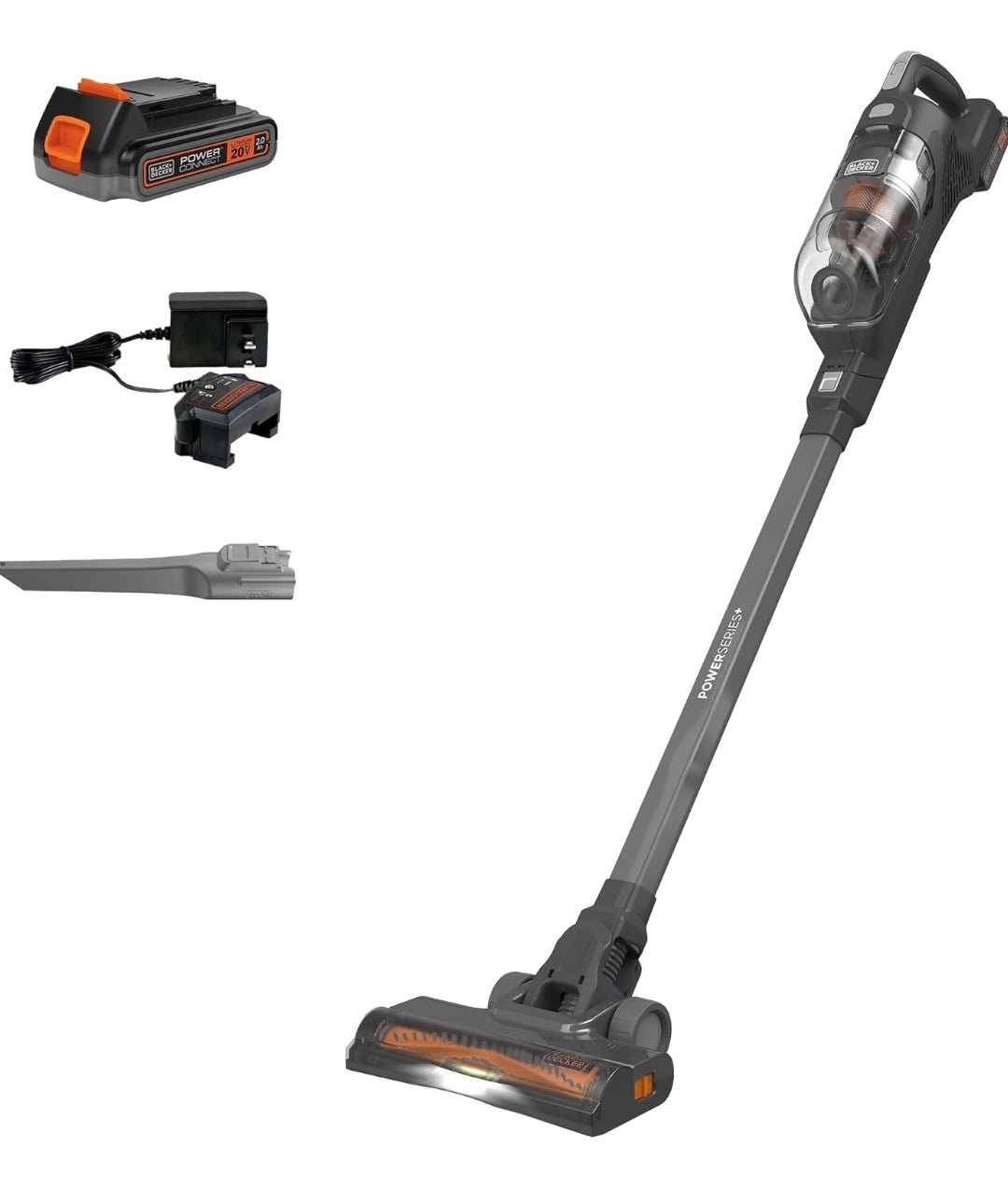 BLACK+DECKER POWERSERIES+ 20V MAX Cordless Vacuum Cleaner, Stick Vacuum Rechargeable with LED Floor Lights, Anti-Tangle Lightweight, Removable Battery (BHFEA18D1)