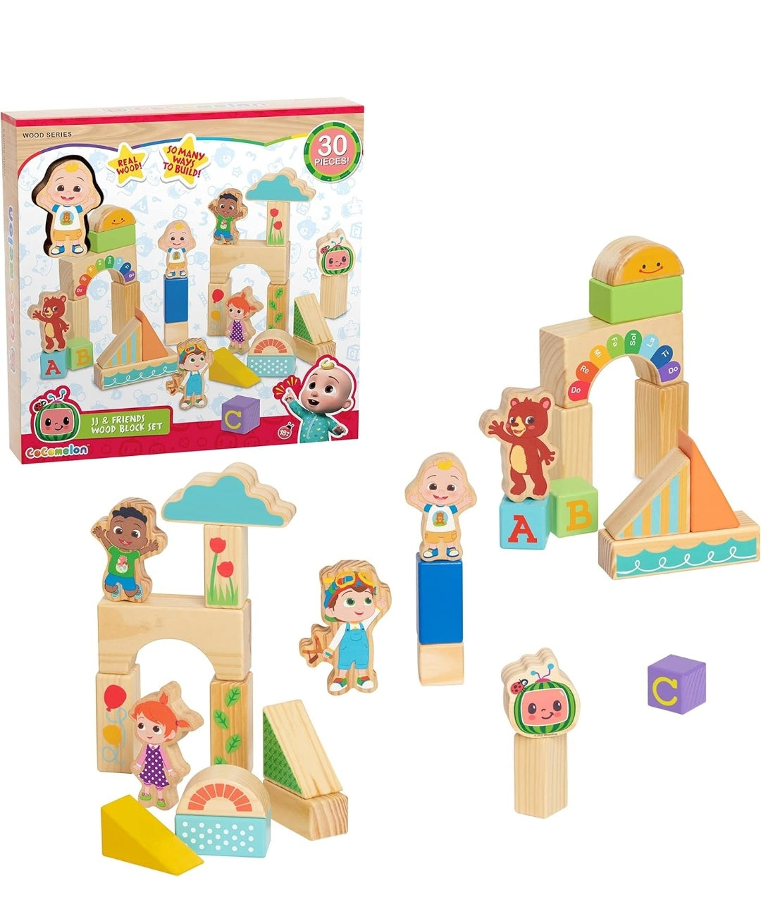 CoComelon JJ & Friends Wood Block Set, 30-Pieces, Recycled Wood, Officially Licensed Kids Toys for Ages 18 Month by Just Play