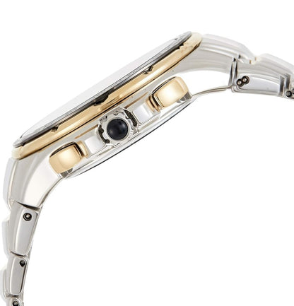 SEIKO Horlosie vir Mans - Coutura Versameling - Radio Sync Sonkrag Chronograph, Tweekleurige Vlekvrye Staal Kas & Armband, Swart Wysplaat met Lumibrite Wyser & Merkers, en Datum Kalender