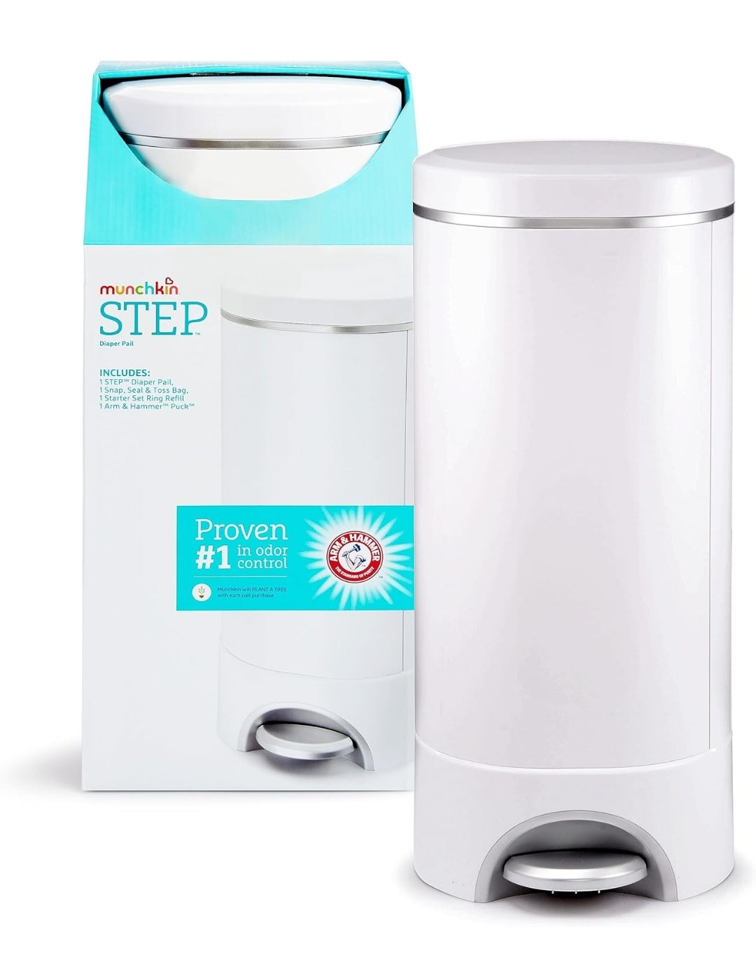 Munchkin STEP Diaper Pail by Arm & Hammer Includes 1 Snap, Seal & Toss Bag, 1 Starter Refill Ring