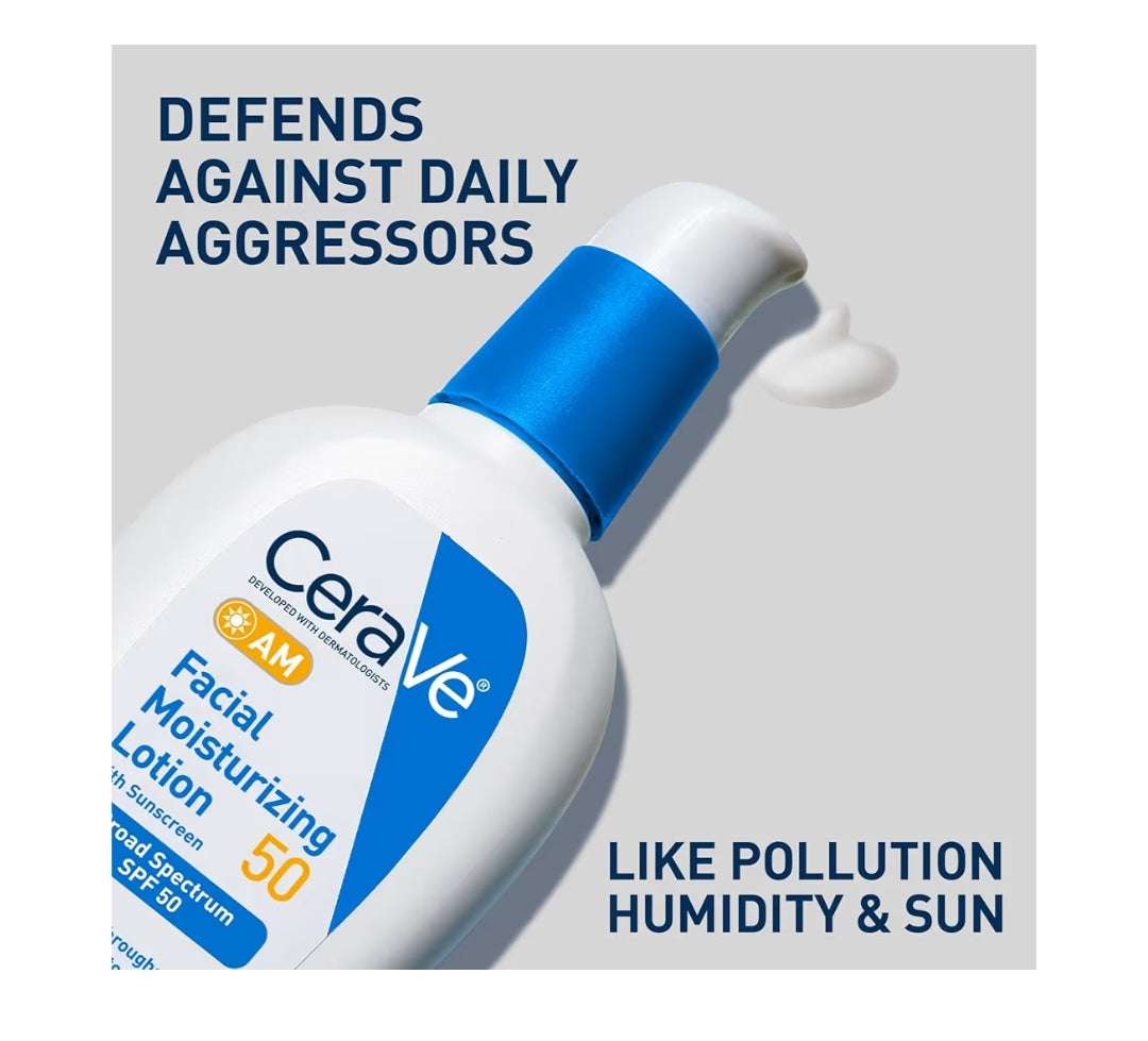CeraVe AM Facial Moisturizing Lotion SPF 50, Face Moisturizer Hyaluronic Acid, Niacinamide & Ceramides, Non-Greasy Non Comedogenic (3 oz)
