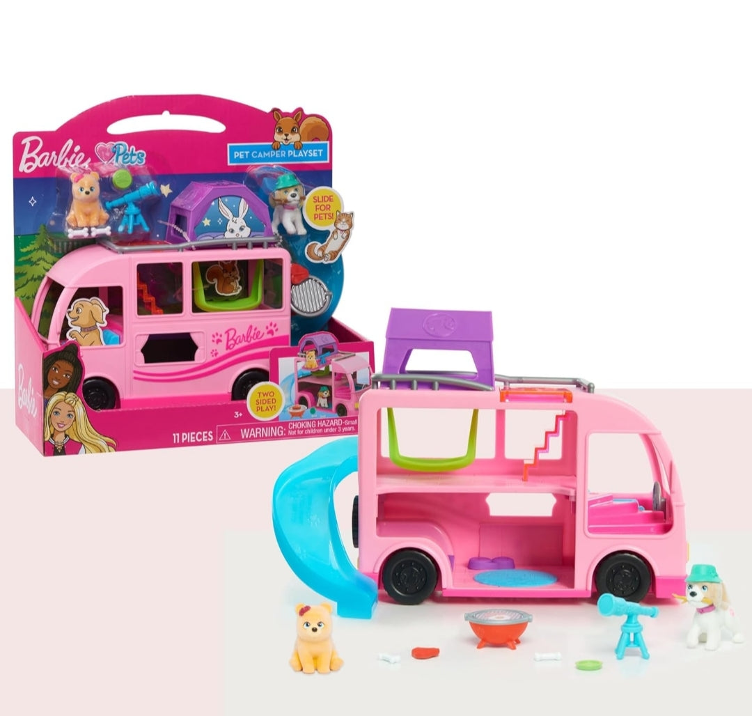 Barbie Pet Camper Playset with Pair of 1.5-inch Pet Figures, 11-pieces, Toy Figures and Playset, Kids Toys for Ages 3 Up by Just Play