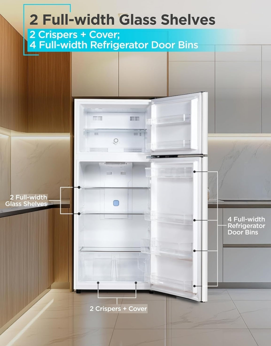 BLACK+DECKER 14.6 Kub. Vt. Bo-gemonteerde Yskas met Vryskas, 2-Deur Yskas met Bo-vrieskas en Verstelbare Temperatuurbeheer, ENERGY STAR, BR1460HW, Wit