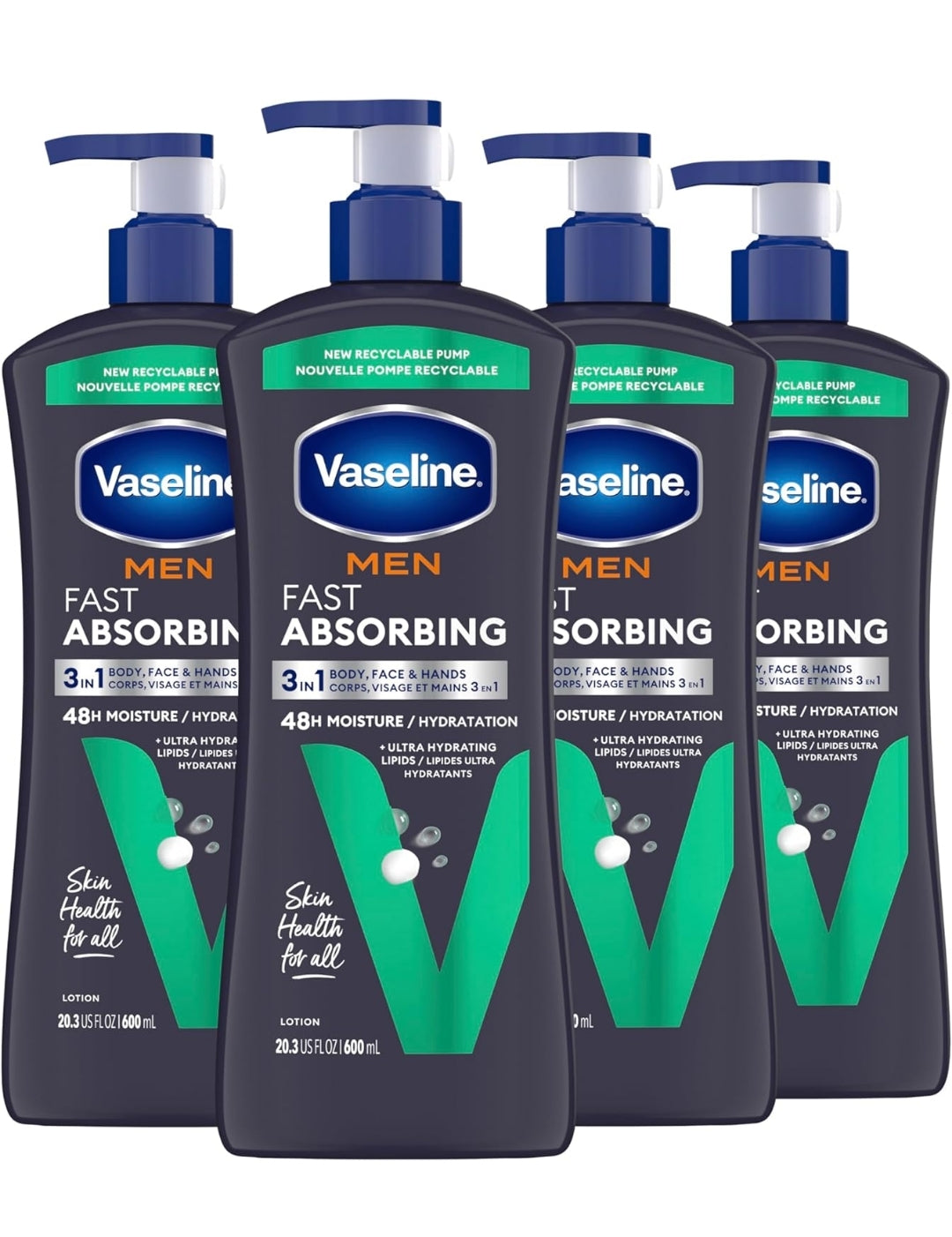 Vaseline Men Fast Absorbing 3-in-1 Face, Hands & Body Lotion for Men, 4 pack For Dry Skin,Absorbs in Just 15 Seconds for Moisturized Skin 20.3 Oz