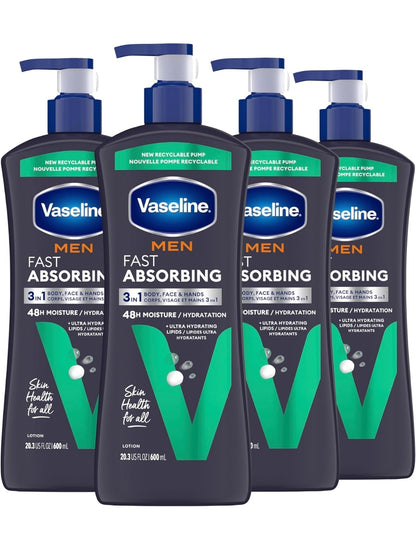 Vaseline Men Fast Absorbing 3-in-1 Face, Hands & Body Lotion for Men, 4 pack For Dry Skin,Absorbs in Just 15 Seconds for Moisturized Skin 20.3 Oz